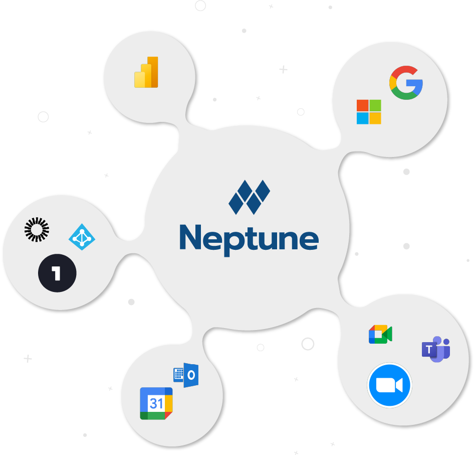 Logotipo Neptune em uma esfera azul escuro com logotipos dos softwares que fazem integração ao redor