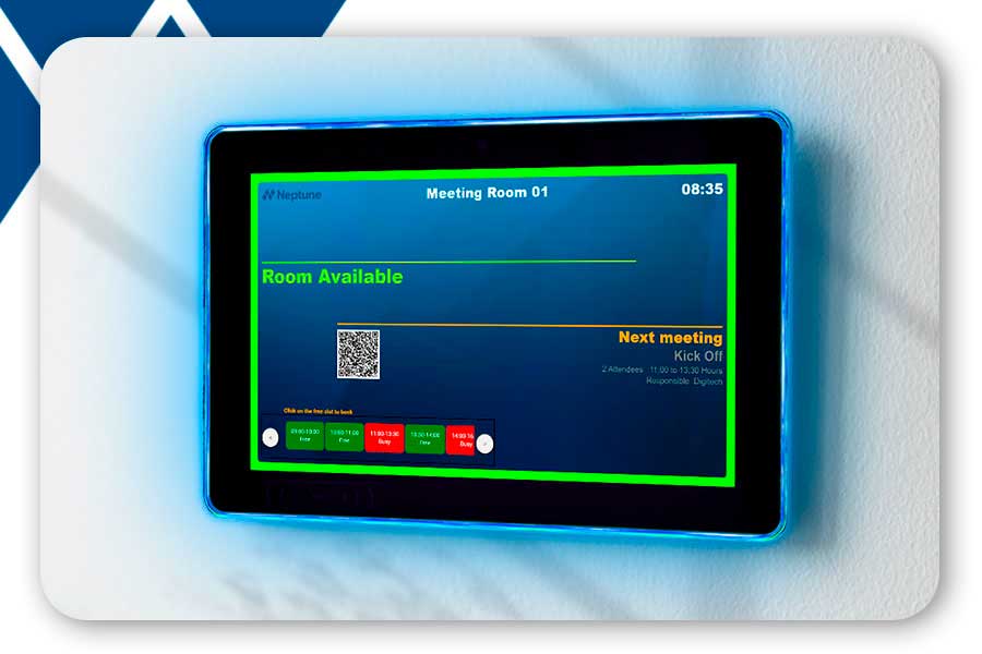 Demonstration of the Neptune booking display installed on a device in an office.