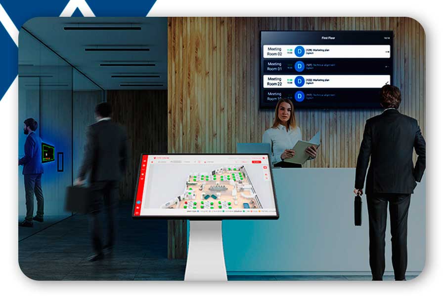 An interactive screen with an intelligent interface on the door of the office meeting room.