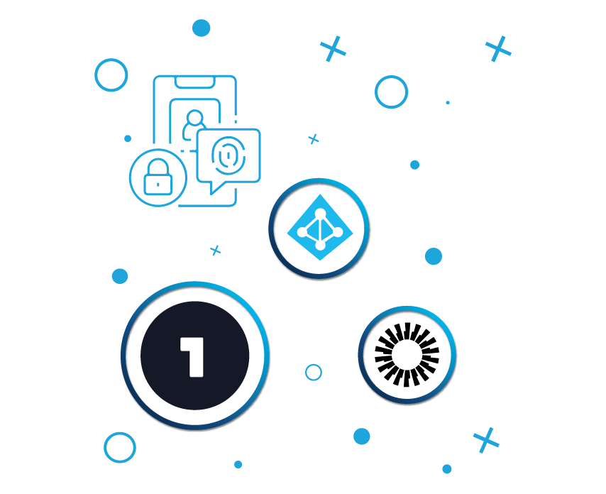 Ícone de autentixação de usuário com logotipos do Azure, Okta e One Loging