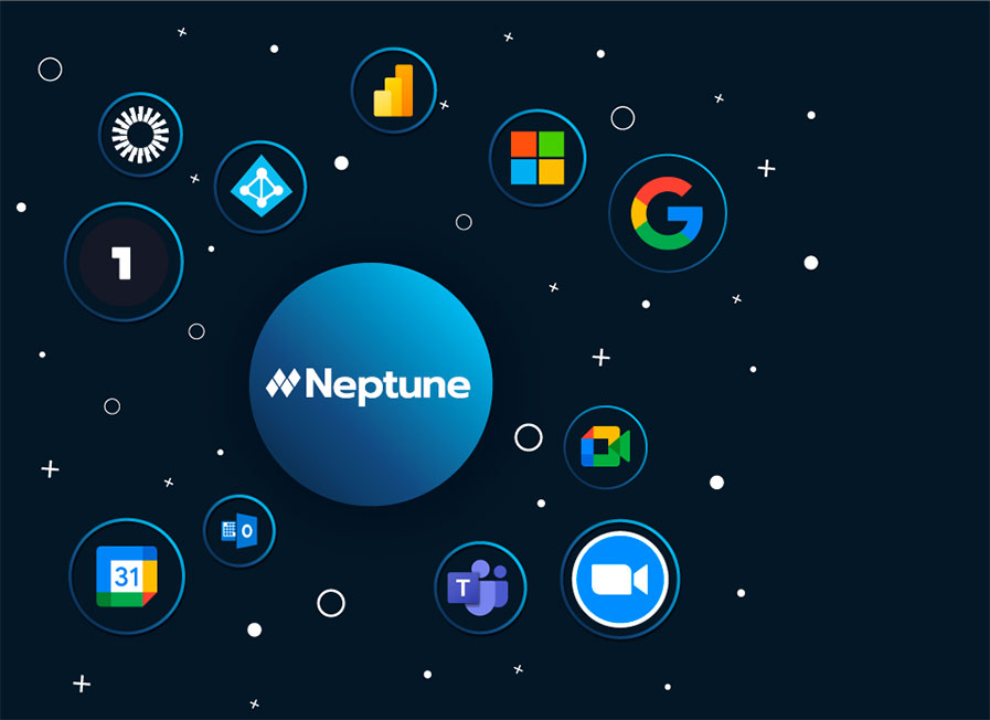 Neptune flutuando em uma esfera central azul com os logotipos das marcas que fazem integração com nosso sistema ao redor em esferas vazadas menores.